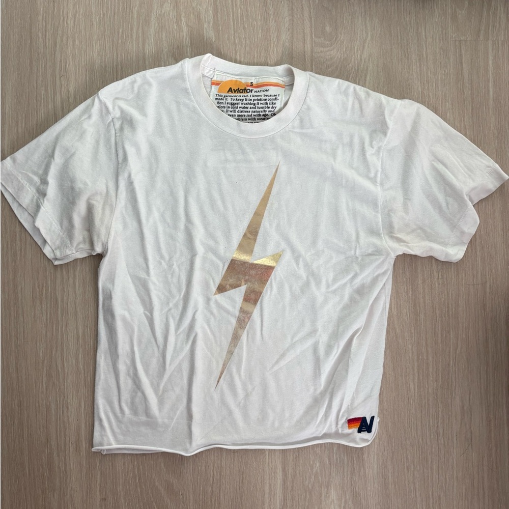 Aviator Nation white T-Shirt with Gold Lightning Bolt